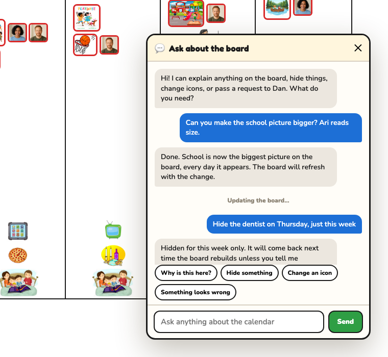 The Ask helper open over a picture board: a parent asks to make the school picture bigger and hide the dentist this week, and the helper confirms each change